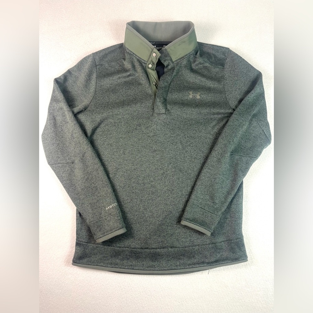 Under Armour Size M Loose Fit 1/4 Button Sweater Golf Green Coldgear Storm